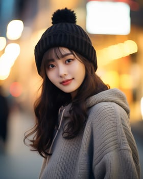 A cheerful korean girl wearing hoodie and knit hat AI Generative photo