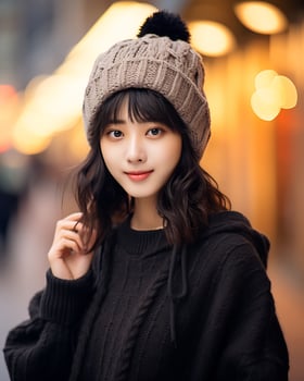 A cheerful korean girl wearing hoodie and knit hat AI Generative photo