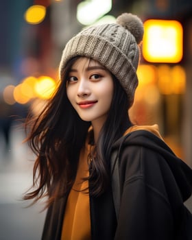 A cheerful korean girl wearing hoodie and knit hat AI Generative photo
