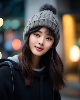 A cheerful korean girl wearing hoodie and knit hat AI Generative photo