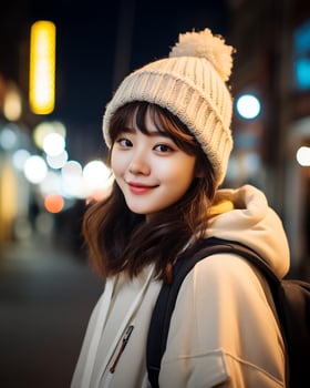 A cheerful korean girl wearing hoodie and knit hat AI Generative photo