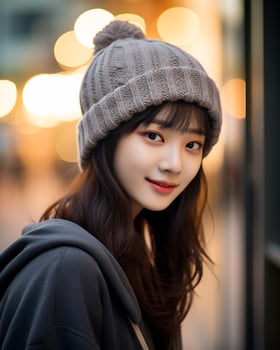 A cheerful korean girl wearing hoodie and knit hat AI Generative photo