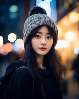 A cheerful korean girl wearing hoodie and knit hat AI Generative photo
