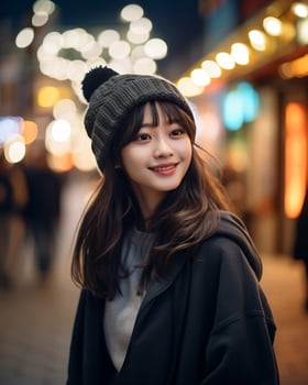 A cheerful korean girl wearing hoodie and knit hat AI Generative photo