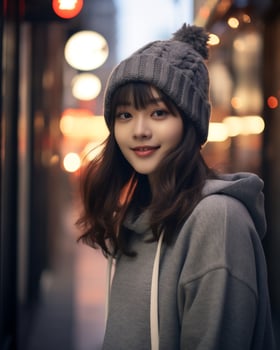 A cheerful korean girl wearing hoodie and knit hat AI Generative photo