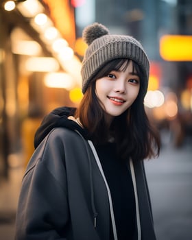 A cheerful korean girl wearing hoodie and knit hat AI Generative photo