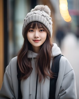 A cheerful korean girl wearing hoodie and knit hat AI Generative photo