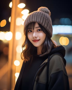 A cheerful korean girl wearing hoodie and knit hat AI Generative photo
