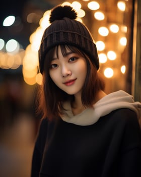 A cheerful korean girl wearing hoodie and knit hat AI Generative photo