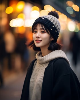 A cheerful korean girl wearing hoodie and knit hat AI Generative photo