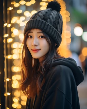 A cheerful korean girl wearing hoodie and knit hat AI Generative photo