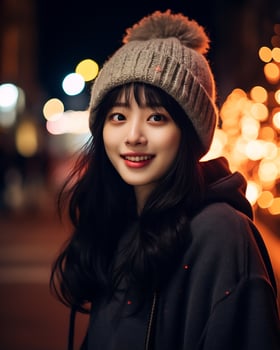 A cheerful korean girl wearing hoodie and knit hat AI Generative photo