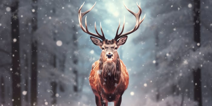 Noble deer male in the winter snow forest. Artistic winter Christmas landscape. AI Generated photo