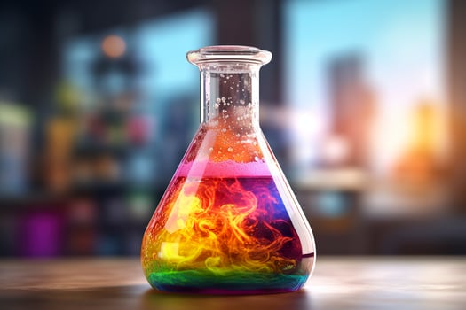 Close Up of a Science Beaker Filled with Multi Colored Liquids. AI Generative photo