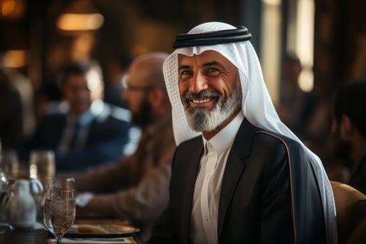 A shot of an Arab businessman in a business meeting with colleagues or clients, showcasing professionalism and confidence. Generative AI photo