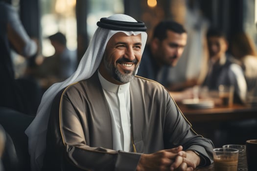 A shot of an Arab businessman in a business meeting with colleagues or clients, showcasing professionalism and confidence. Generative AI photo
