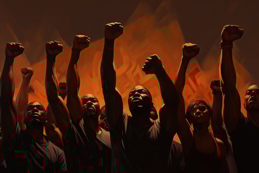 Silhouette of a group of soccer players with their arms raised, black Fists raised for equality photo