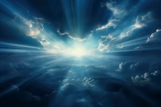 Mystical light beams piercing through dense clouds background with empty space for text photo