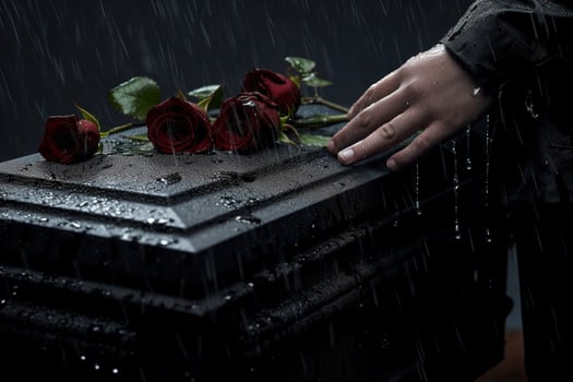 closeup of a funeral casket at a cemetery with flowers in the rain,hand on the grave in the rain with dark background and rose AI generated photo