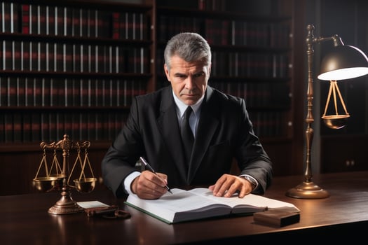 A lawyer at work at his desk in the office.AI generative photo