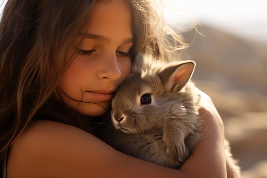 Heartwarming relationship between girl and her beloved pet bunny. Cute animal. Moments of tenderness. Girl and her bunny rabbit share moments of love and joy. Furry rabbit companion. Generative AI. photo