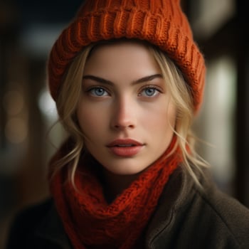 a beautiful blonde woman wearing an orange hat and scarf generative ai photo