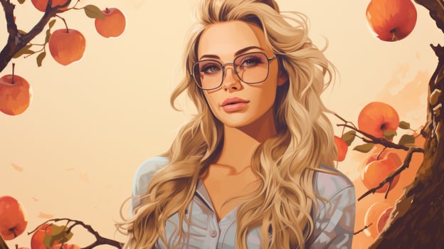 a beautiful blonde woman with glasses is standing in front of an apple tree generative ai photo