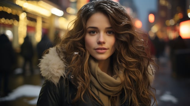 a beautiful young woman with long hair standing in the middle of a city street generative ai photo