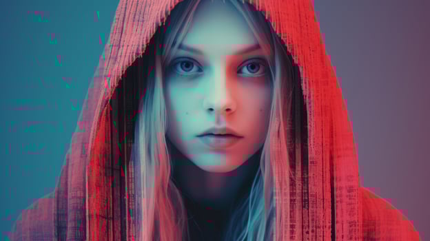 a girl in a red hoodie with a blue background generative ai photo