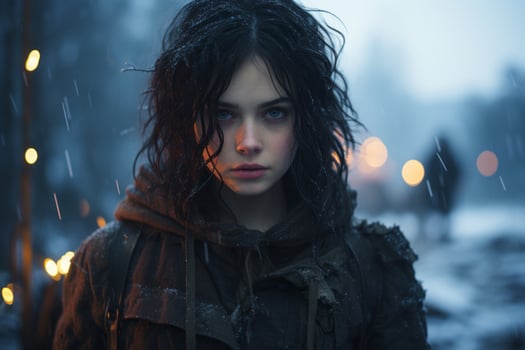 a girl with dark hair standing in the snow generative ai photo