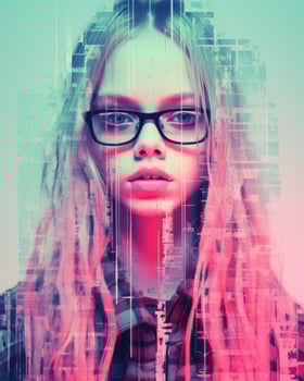 a girl with glasses and long hair in front of a blue and pink background generative ai photo