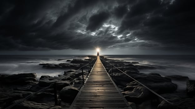 a long wooden pier leads to the ocean under a stormy sky generative ai photo