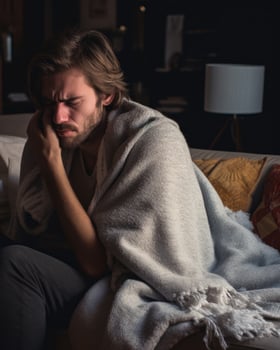 a man wrapped in a blanket sitting on a couch generative ai photo