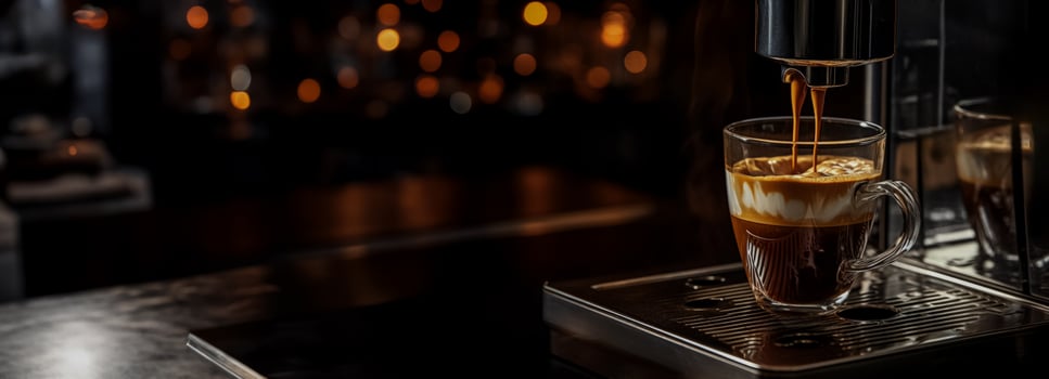 Coffee machine fills glass with espresso making delicious coffee photo
