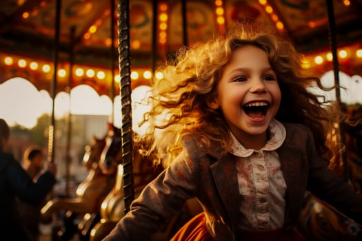 Excited the joyful girl happily spins on the vibrant carousel photo