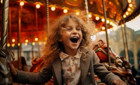 Excited the joyful girl happily spins on the vibrant carousel photo