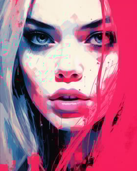 a painting of a woman with pink and blue paint splatters on her face generative ai photo