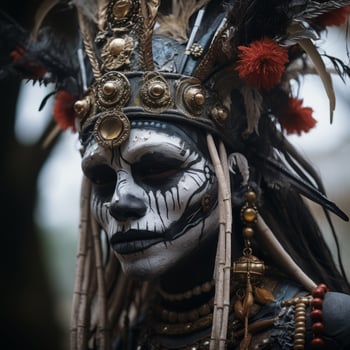 a person with a skull makeup and feathers on their head generative ai photo