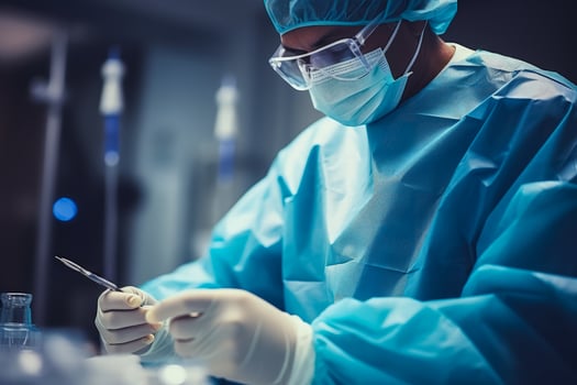 Doctor with blue gown picks up surgical clamp in operating theatre with blur background representing modern technology in a hospital photo