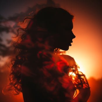 a silhouette of a woman with long hair in the sunset generative ai photo