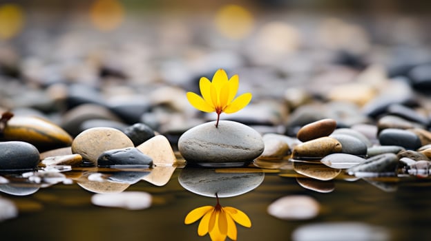 a small yellow flower is sitting on a rock in the water generative ai photo