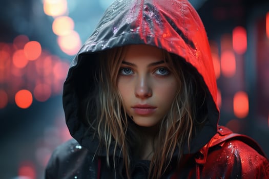 a woman in a black hoodie with red lights in the background generative ai photo