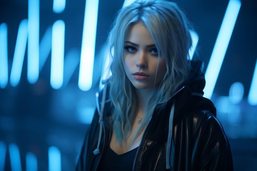 a woman in a black jacket standing in front of neon lights generative ai photo