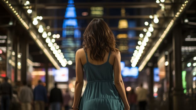 a woman in a blue dress walking down a street at night generative ai photo