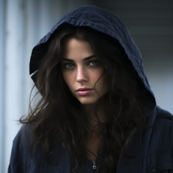 a woman in a hooded jacket looking at the camera generative ai photo