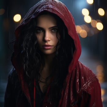 a woman in a red hooded jacket standing in the rain generative ai photo