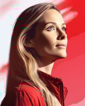a woman in a red jacket looking up to the sky generative ai photo
