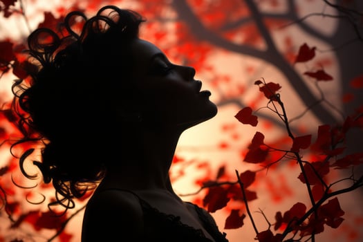 a woman is silhouetted in front of red leaves generative ai photo