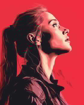 a woman with a ponytail in front of a red background generative ai photo
