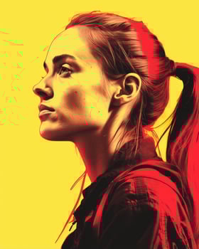 a woman with a ponytail in front of a yellow background generative ai photo